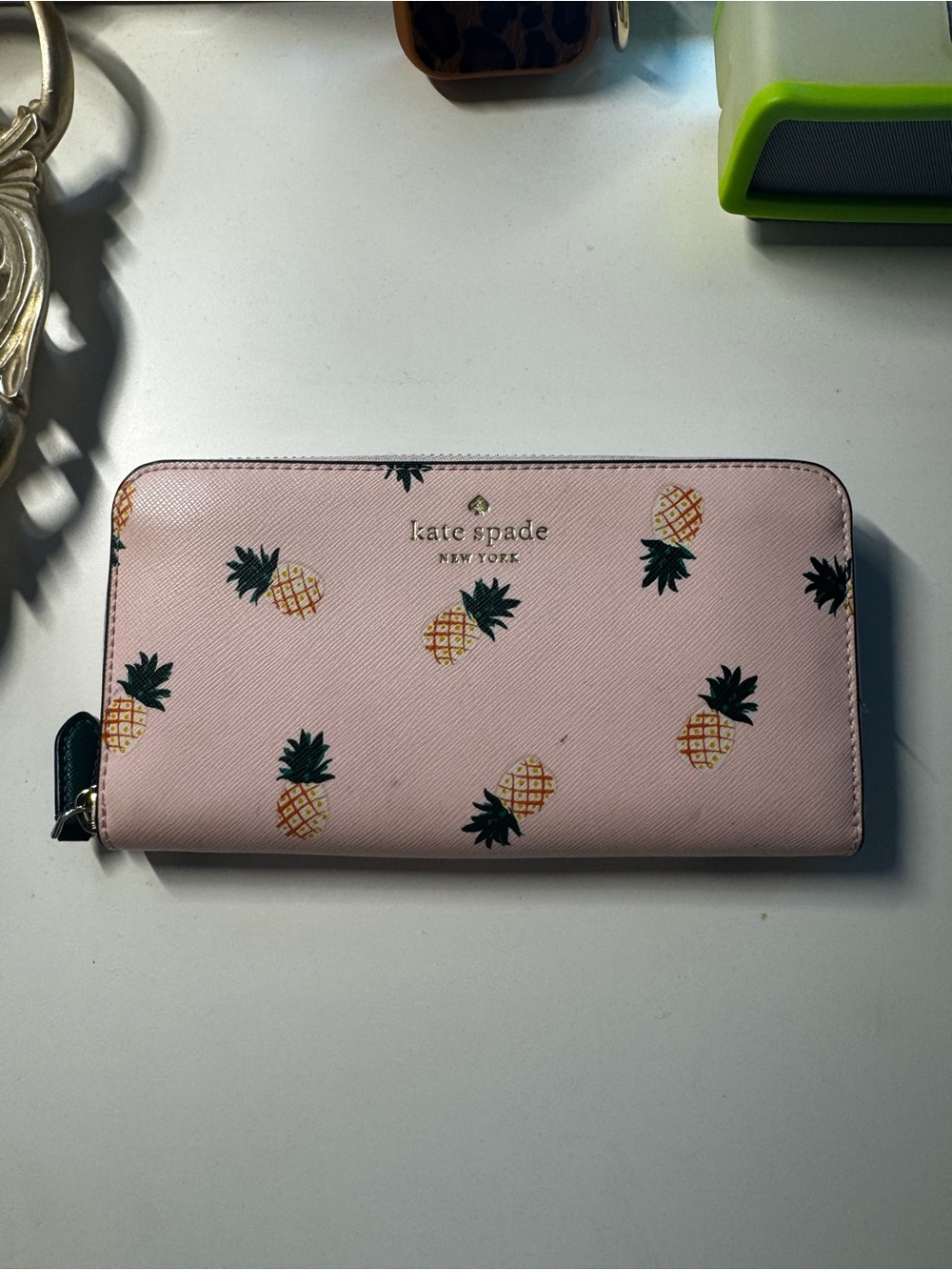 kate spade Pink Pineapple Zip-Around Wallet with Black Trim